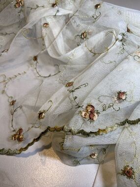 Vintage Whimsical Embroidered Floral Rosette and Vines Lace Fabric